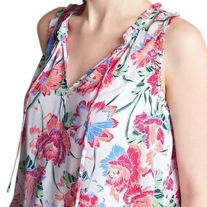 Gap Floral Ruffle Split Neck Lightweight Blouse Top White Pink Green M